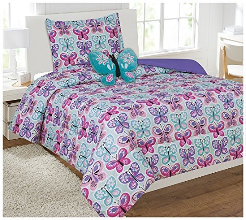 Linen Plus Comforter Set For Girls/Teens Butterfly Light Blue Turquoise Pink Purple Comforter And Sheet Set New (Twin)