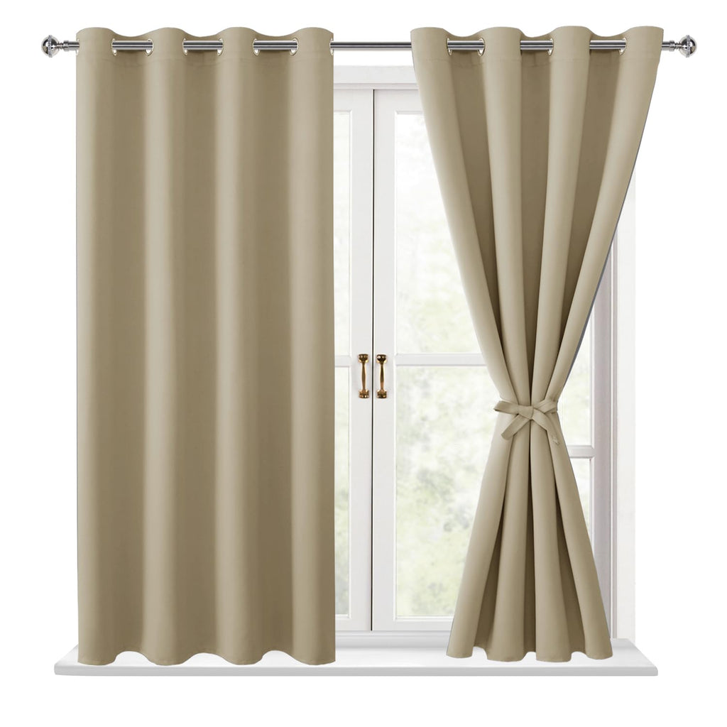 Hiasan Blackout Curtains For Bedroom, 52 X 54 Inches Long - Thermal Insulated & Light Blocking Window Curtains For Living Room, 2 Drape Panels Sewn With Tiebacks, Taupe