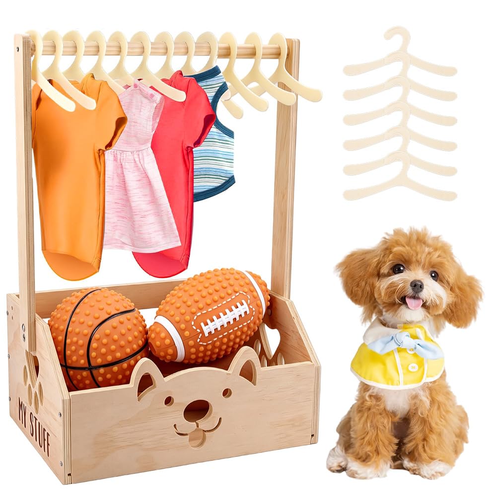 DICOSMETIC 1Set Dog Closet with Handle Wood Pet Wardrobe Closet with 10Pcs Hangers Wooden Pet Clothes Storage Box 13.39x9.06x6