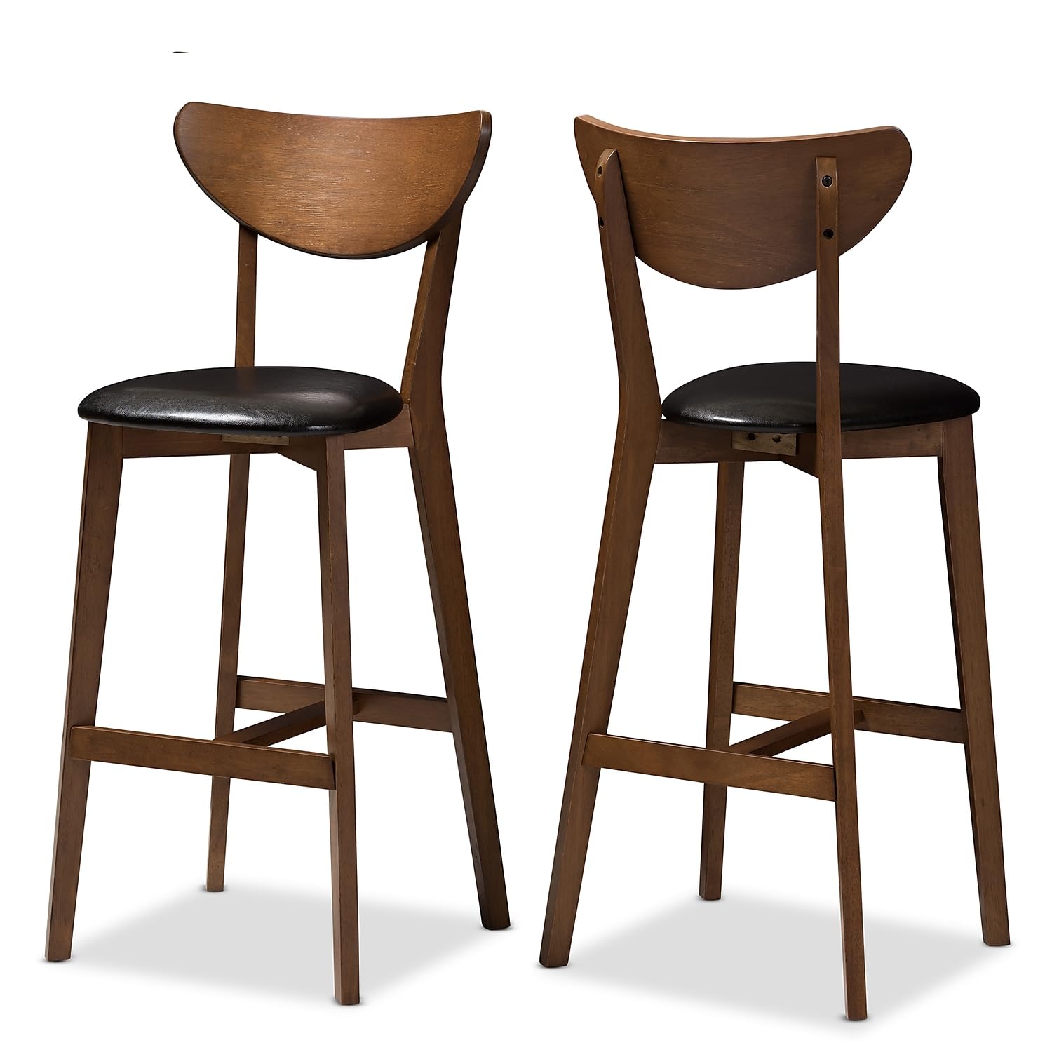 Baxton Studio Eline Mid-Century Faux Leather Bar Stool with Back, Black and Walnut Brown, 2-Pieces/Set (144-2PC-8076-HT)
