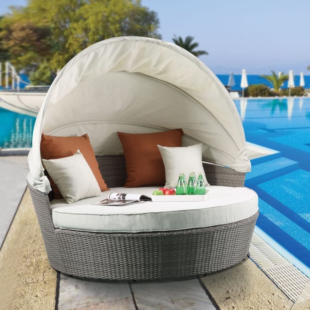 Acme Salena Wicker/Rattan Patio Canopy Daybed in Beige and Gray