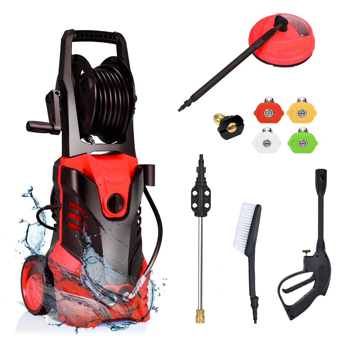 Goplus 3000Psi Electric Pressure Washer, Portable High Power Washer W/ 5 Nozzles, Hose Reel, Soap Bottle, 2 Gpm 2000W (Red)