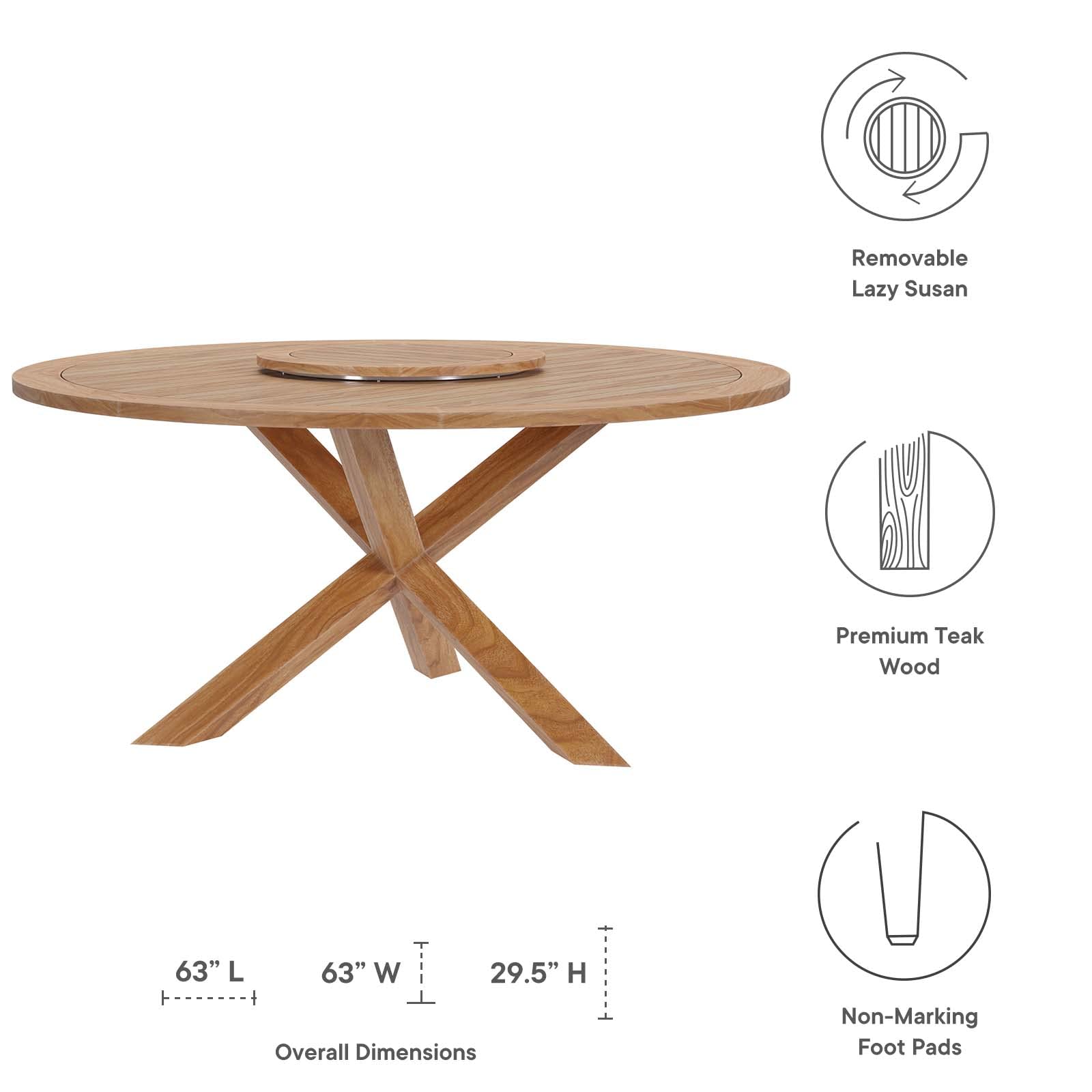Modway Wellspring Outdoor Patio Round Teak Wood 63&Quot; Dining Table In Natural