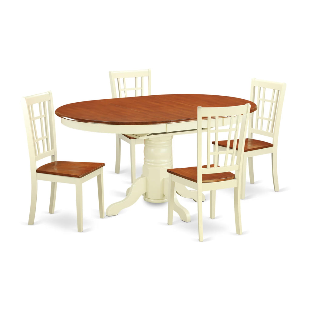 East West Furniture KENI5-WHI-W 5 Piece Dinette Set for 4 Includes an Oval Dining Room Table with Butterfly Leaf and 4 Kitchen Dining Chairs, 42x60 Inch, Buttermilk & Cherry