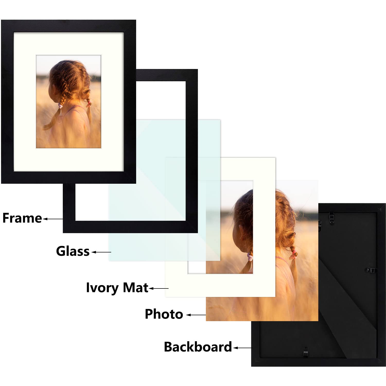 Golden State Art, Simple And Stylish Picture Frame With Ivory Color Mat & Real Glass (8X10-Table Top, Black)