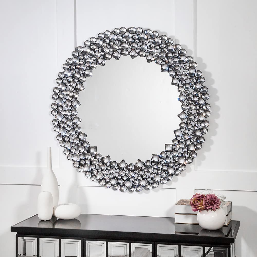 HomeRoots Silver Round Diamond Jeweled Wall Mirror