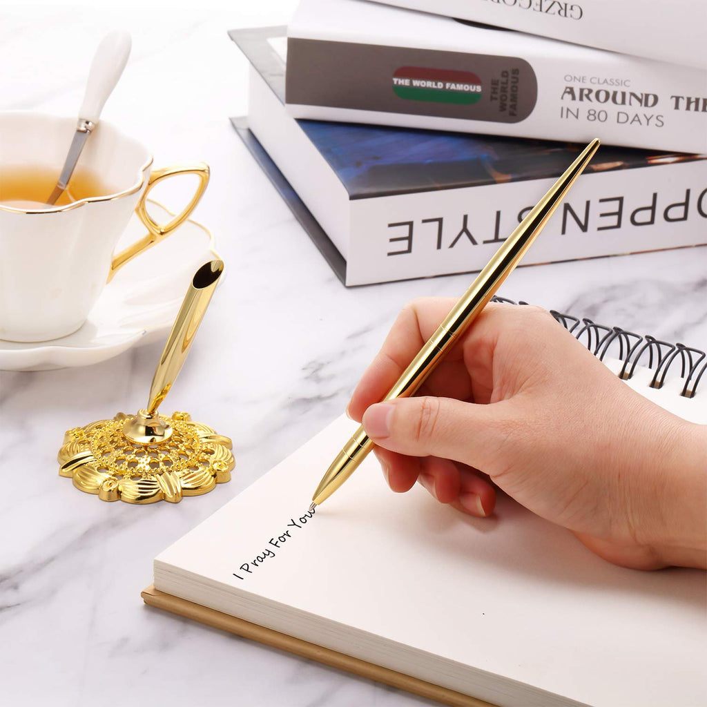 Outus 2 Pieces Hollow Round Pen Holder Pen Set For Wedding Bridal Engagement Guests Book Valentine'S Day Favor (Gold)