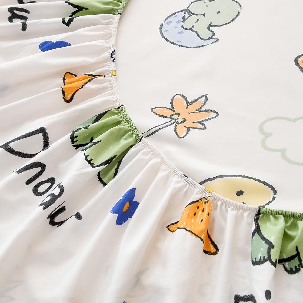 Naturety Bedding Fitted Sheet With Deep Pocket,Dinosuar Printed Thicken Fabric Bed Sheets (Colorful Dino, Twin)