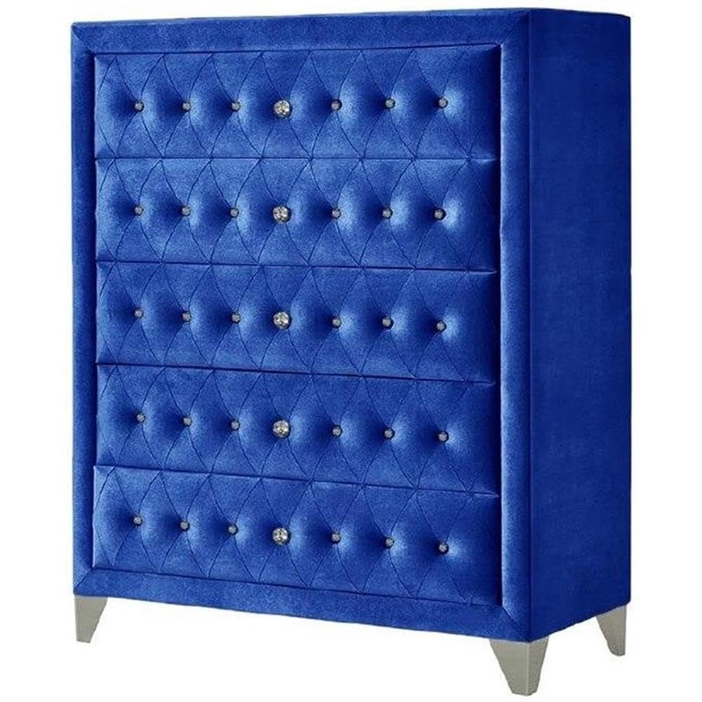 Acme Dante Crystal-Like Knob Velvet Upholstered 5-Drawer Chest in Blue