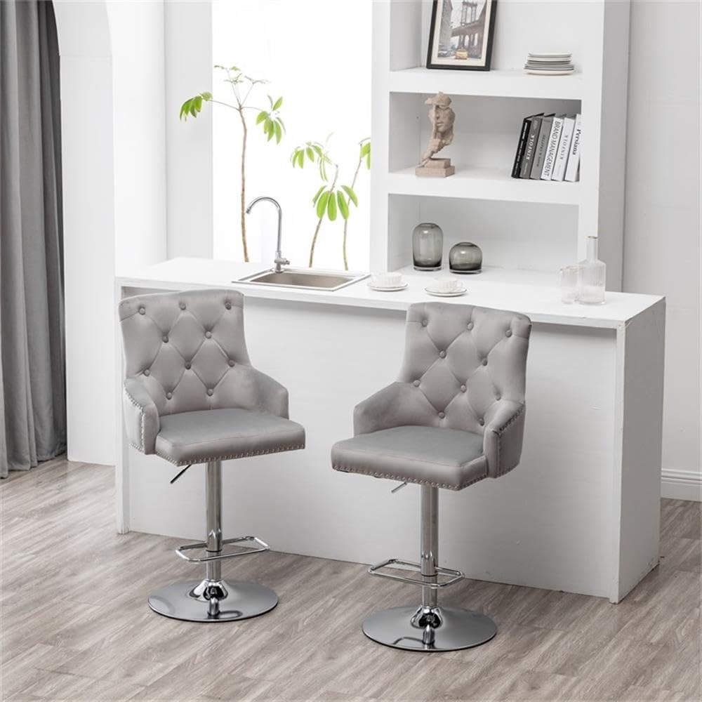 Better Home Products Monroe Velvet Tufted Adjustable Swivel Bar Stool Set Gray