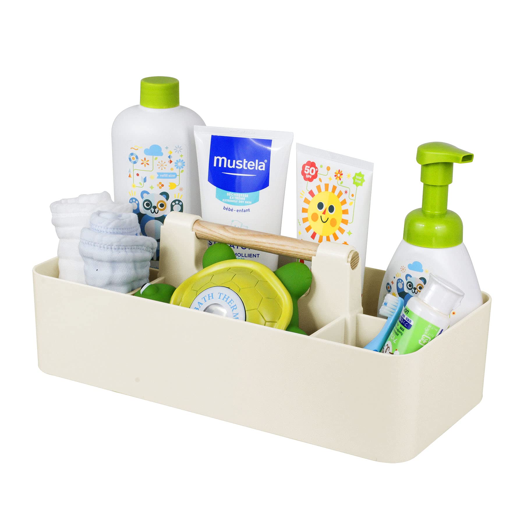 Baby Shower Caddy Plastic Nursery Portable Storage Organizer Caddy Tote for Child/Kids, Divided Basket Bin with Wood Handle for 