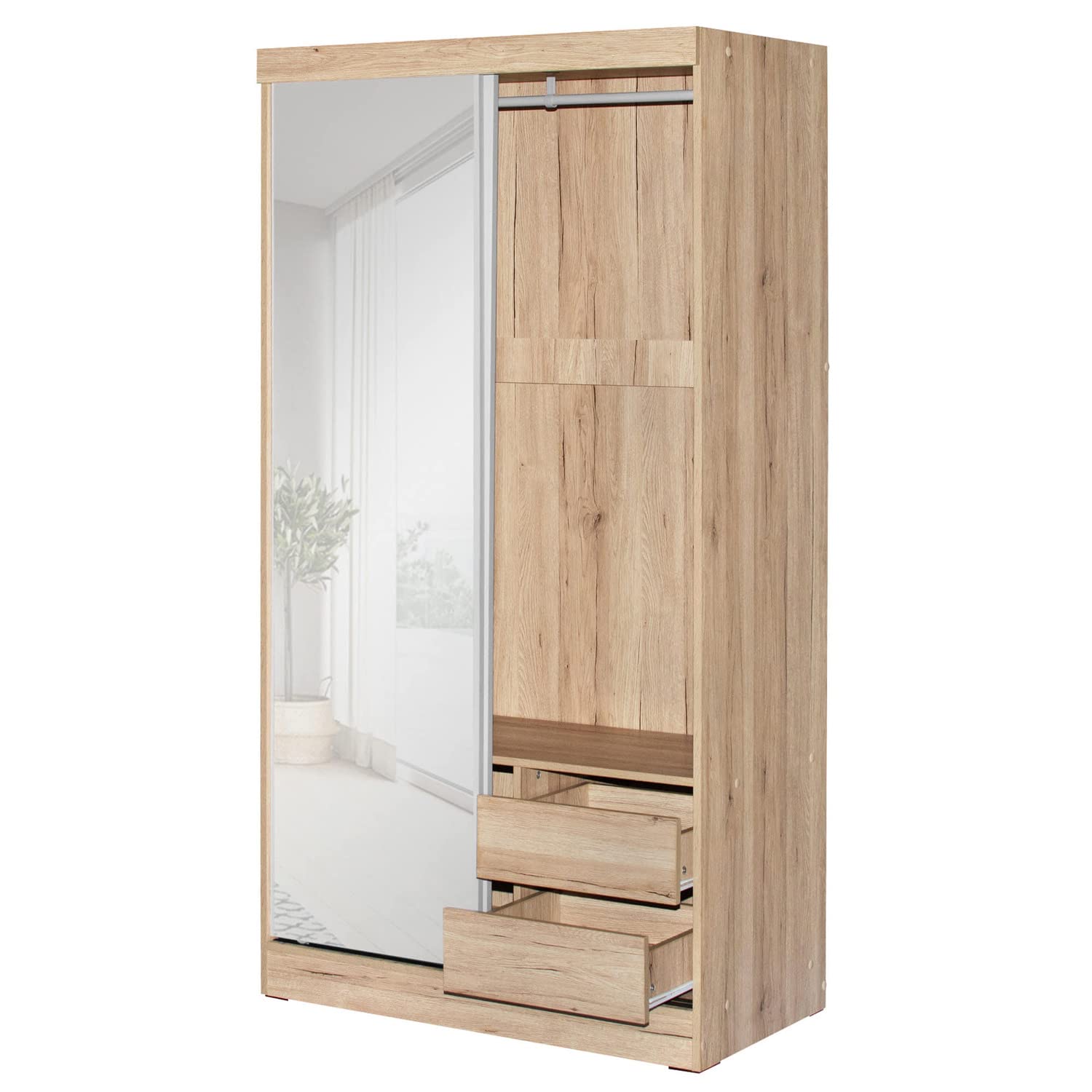Better Home Products Mirror Wood Double Sliding Door Wardrobe White/Natural Oak