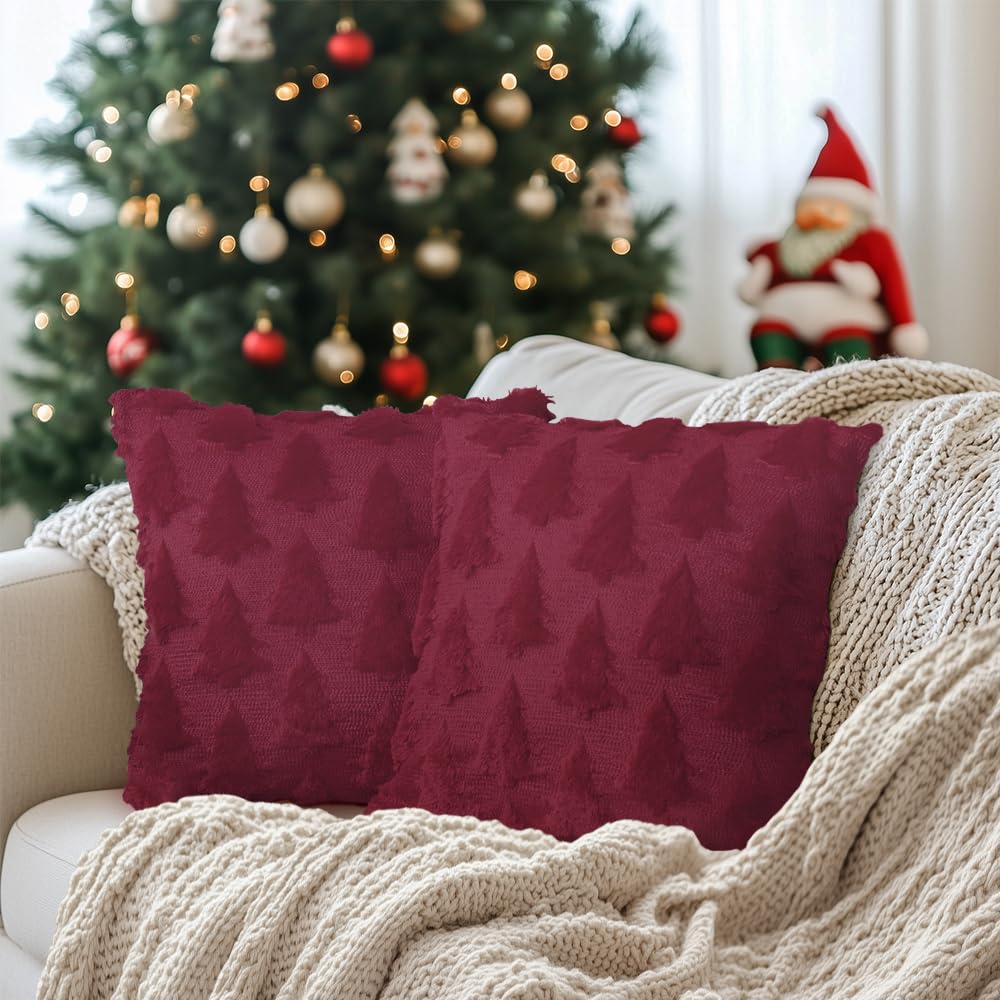 Geeory Christmas Tree Throw Pillow Covers 18X18 Inch Set Of 2, Xmas Winter Soft Plush Faux Fur Wool Decorative Farmhouse Holiday