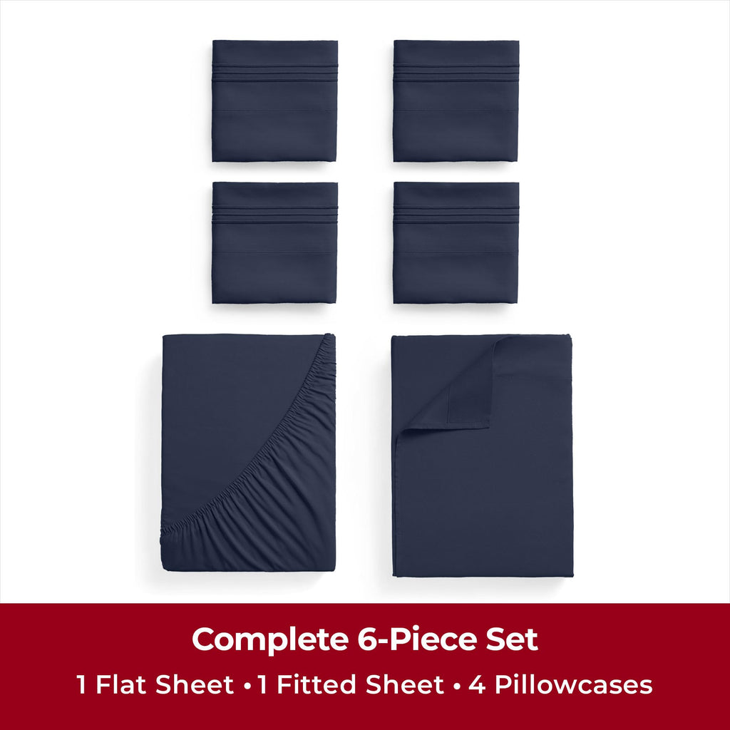 Mellanni Full Sheet Set - 6-Piece Iconic Collection Bedding, (Including 4 Pillowcases), 16-Inch Deep Pocket, Easy Care, Extra Soft, Cooling Sheets, Brushed Microfiber - Navy Blue