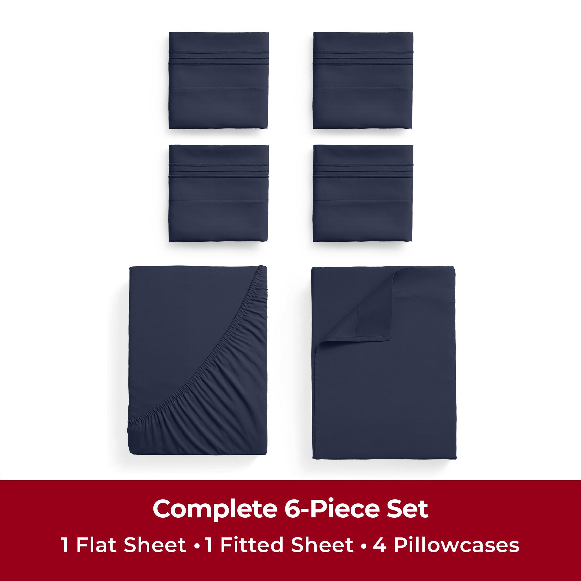 Mellanni Full Sheet Set - 6-Piece Iconic Collection Bedding, (Including 4 Pillowcases), 16-Inch Deep Pocket, Easy Care, Extra Soft, Cooling Sheets, Brushed Microfiber - Navy Blue