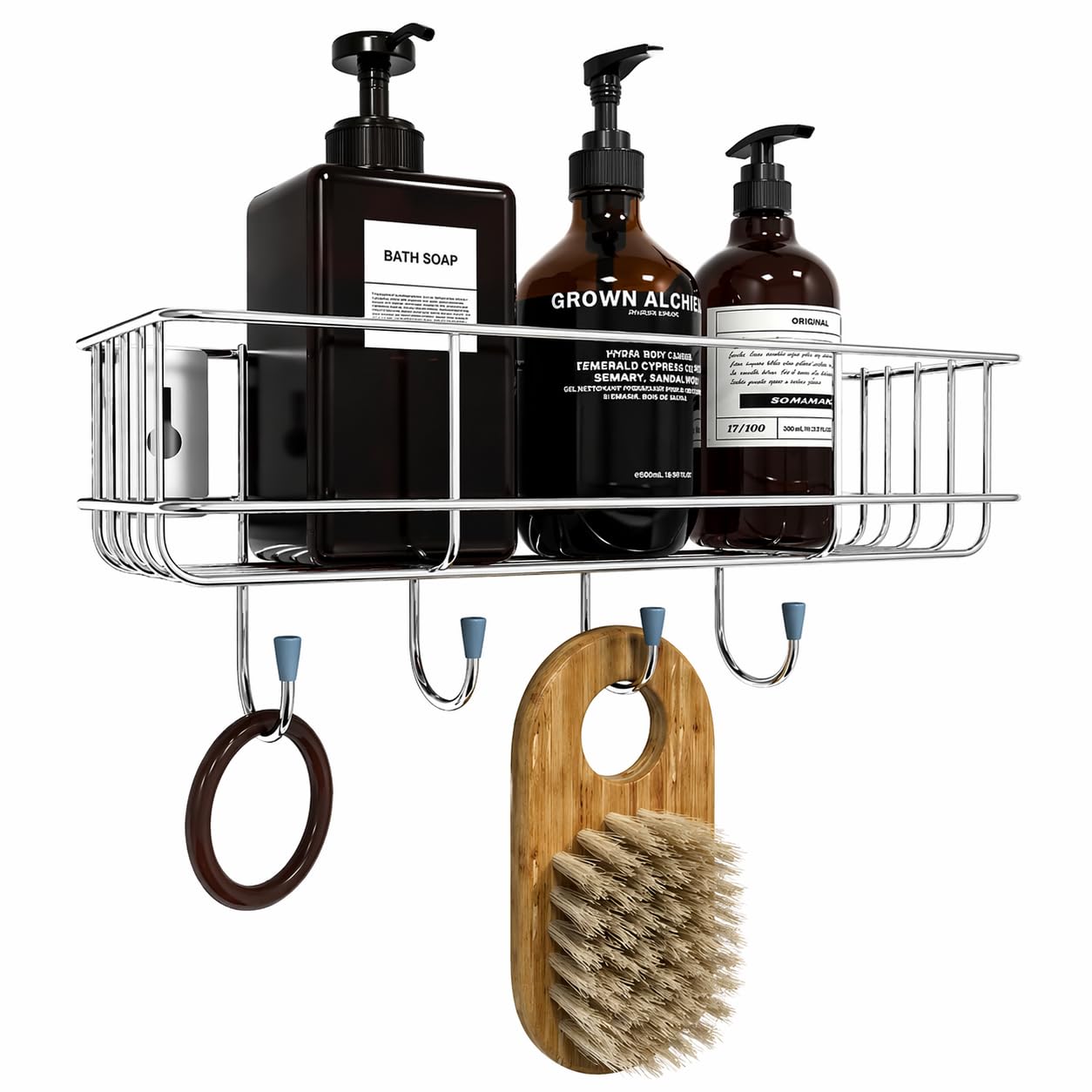 Rovexa SelfAdhesive Multipurpose Bathroom Shelf With Hooks | Wall Mounted No Drill Drainage Design Organiser Rack | Powder Coat