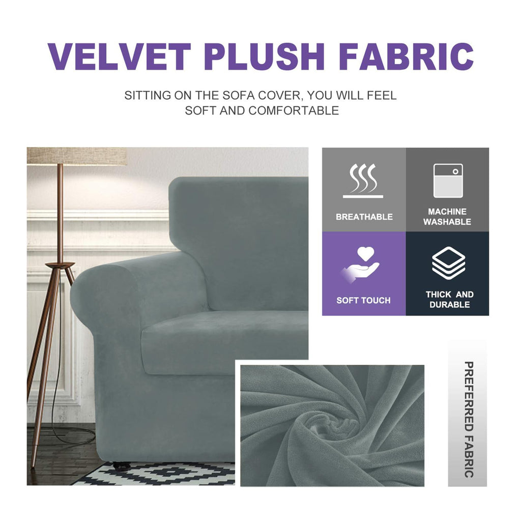 Znsayotx Luxury Velvet Sofa Cover 3 Piece (57'-70') Stretch Loveseat Covers For 2 Cushion Couch Thick Soft Couch Slipcover With Non Slip Strap, Dog Pet Friendly Nice Furniture Protector (Light Grey)