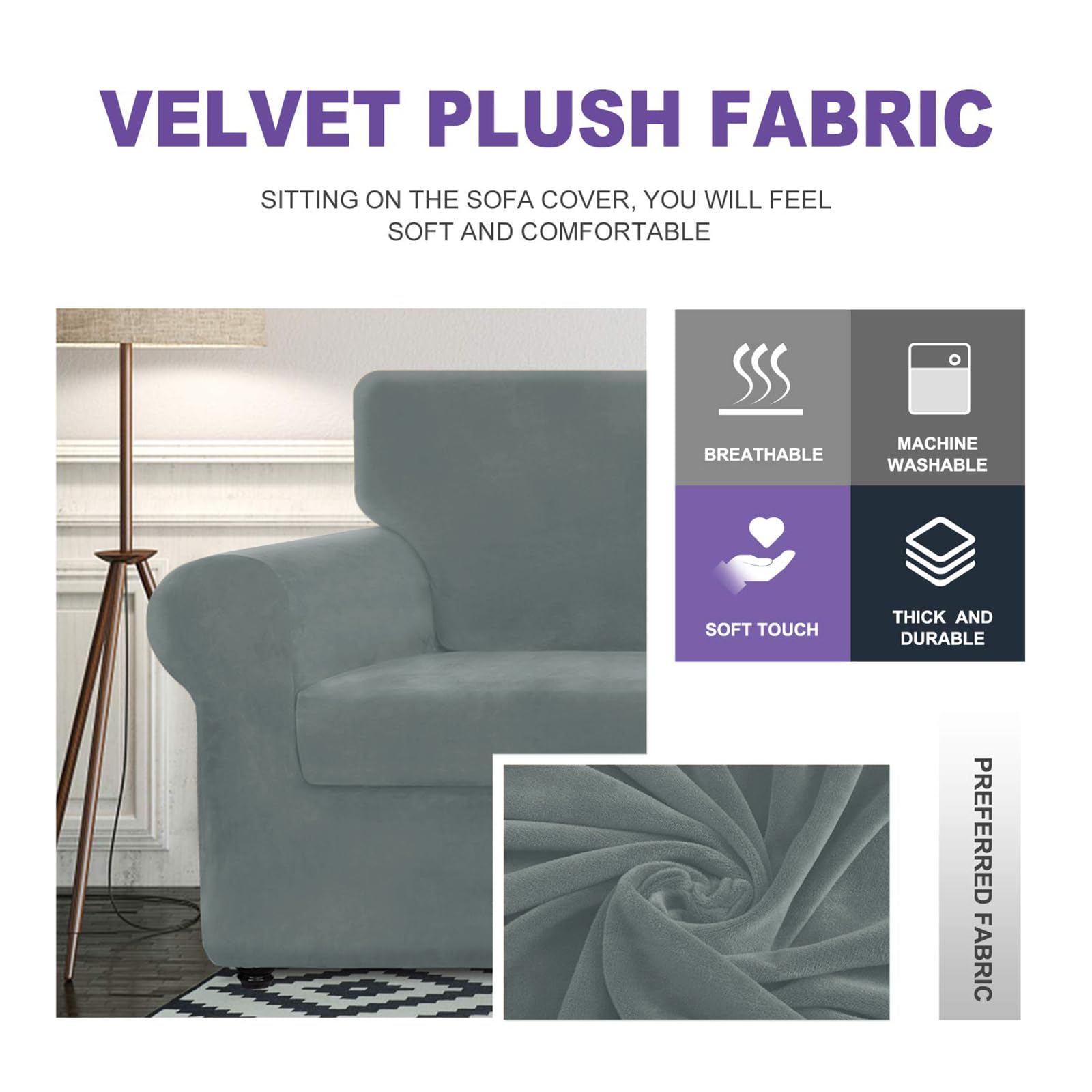 Znsayotx Luxury Velvet Sofa Cover 3 Piece (57'-70') Stretch Loveseat Covers For 2 Cushion Couch Thick Soft Couch Slipcover With Non Slip Strap, Dog Pet Friendly Nice Furniture Protector (Light Grey)