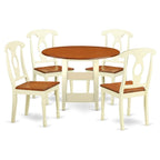 East West Furniture Suke5-Bmk-W 5 Piece Kitchen Table Set For 4 Includes A Round Dining Room Table With Dropleaf & Shelves And 4 Dining Chairs, 42X42 Inch, Buttermilk & Cherry