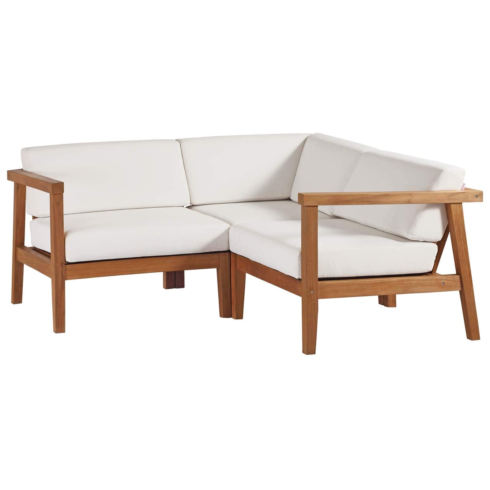 Modway Eei-4258-Nat-Whi-Set Bayport Patio Teak Wood Sectional Sofa, 3 Piece Set, Natural White