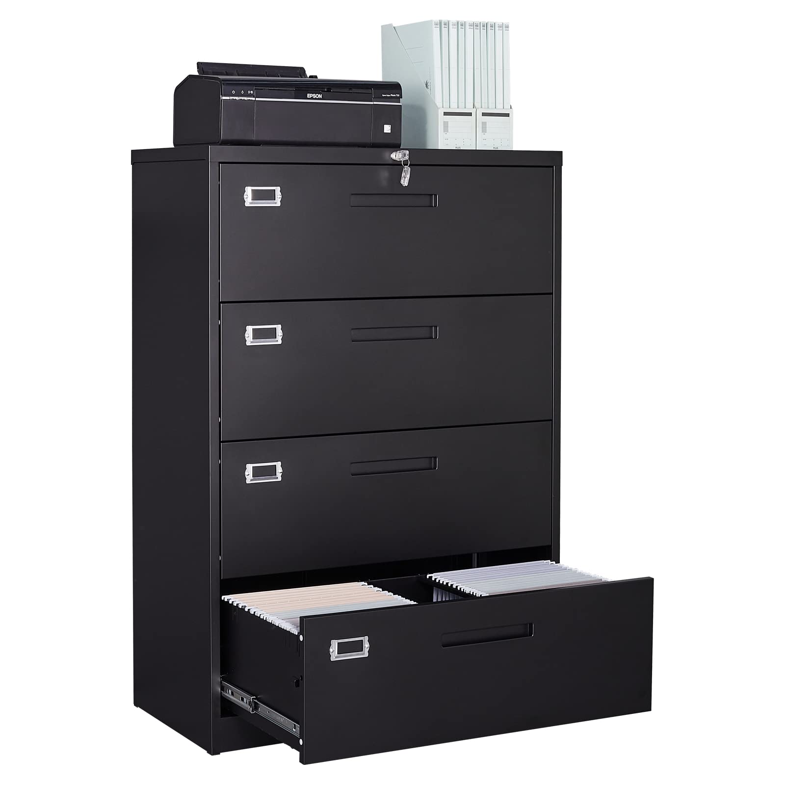 SISESOL 4 Drawer Lateral File Cabinet with Lock,Black Lateral Filing Cabinet,Horizontal Metal Filing Cabinet,Locked Wide Four Dr
