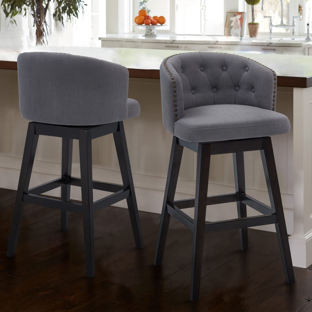 HomeRoots Gray Wood, Foam, Fabric, Metal Turnplate/Kickplate 26' Grey Tufted Fabric and Dark Espresso Wood Swivel Bar Stool