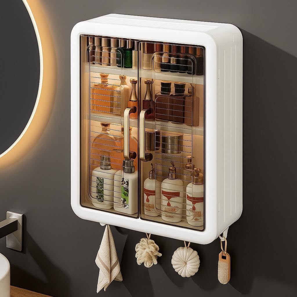 Jarneemor Multipurpose Bathroom Organiser Without Drill Plastic Wall Mounted Storage Cabinet For Kitchen And Bathroom With Shelv