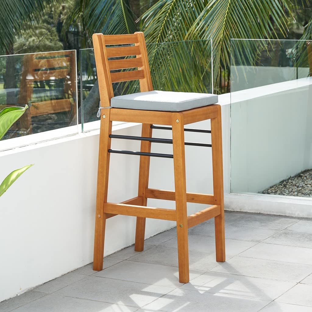 HomeRoots Honey Wood: Eucalyptus Light Wood Bar Chair with Metal Supports