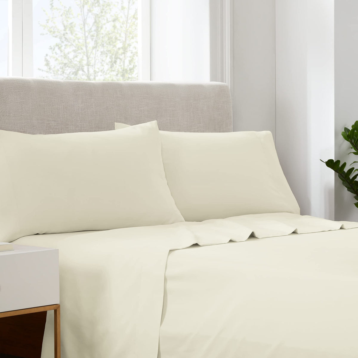 Serta Simply Clean Super Soft Hypoallergenic Stain Resistant Deep Pocket 3 Pieces Solid Bed Sheet Set, Twin, Ivory
