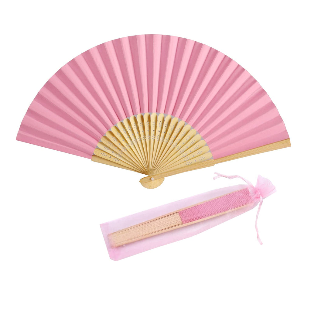 SL crafts 50pcs Paper Hand Fan with Organza Bags Bamboo Handheld Folding Fan Decorative Paper Fan Wedding Party Favors (Pink)