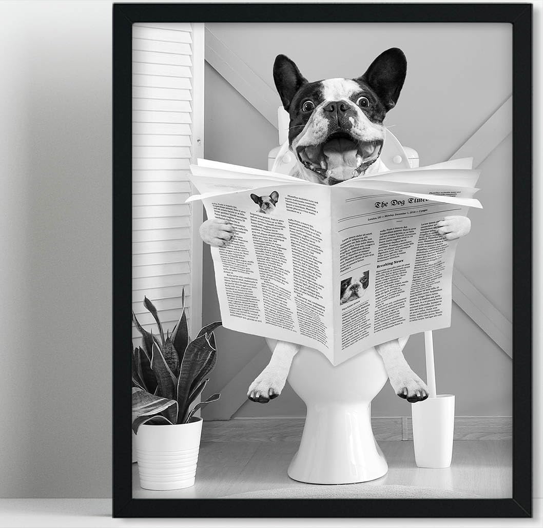 Biufo Framed Wall Art Dog on Toilet Wall Decor Canvas Print Poster Black White Picture for Bathroom Bedroom (8x10)