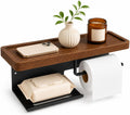 Wall Mount Toilet Paper Holder with Walnut Shelf, Phone Wipes Organizer