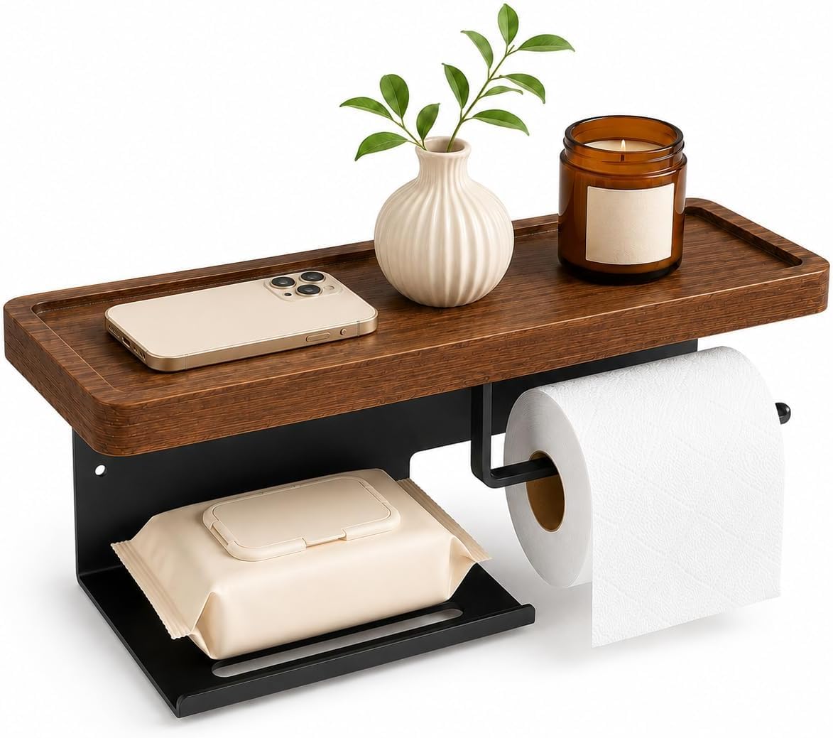Wall Mount Toilet Paper Holder with Walnut Shelf, Phone Wipes Organizer