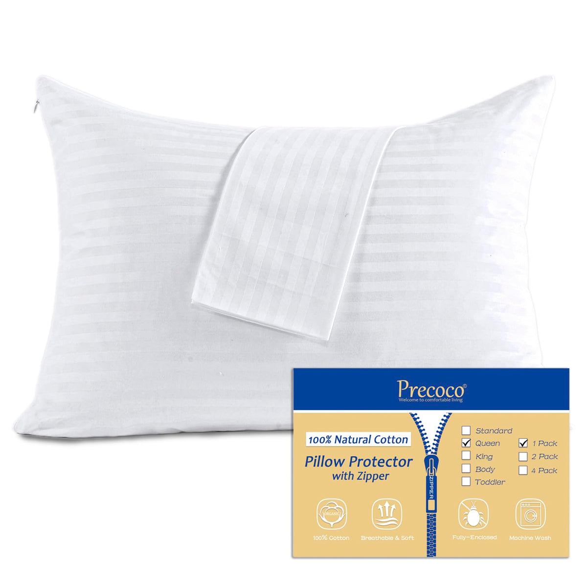 100% Cotton Pillow Protectors With Zipper Queen Size, White Pillow Cases For Home & Hotel, Sateen Soft Cooling Hidden Zippered P