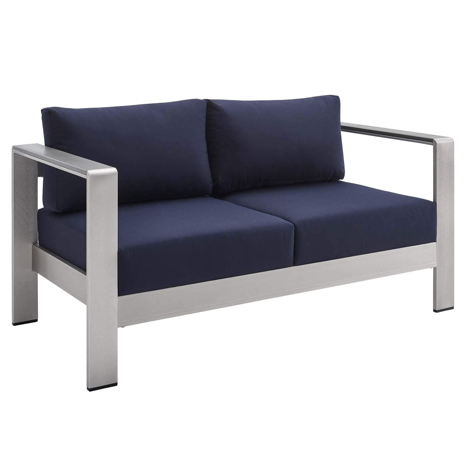 Modway Shore Sunbrella® Fabric Aluminum Outdoor Patio Loveseat In Silver Navy