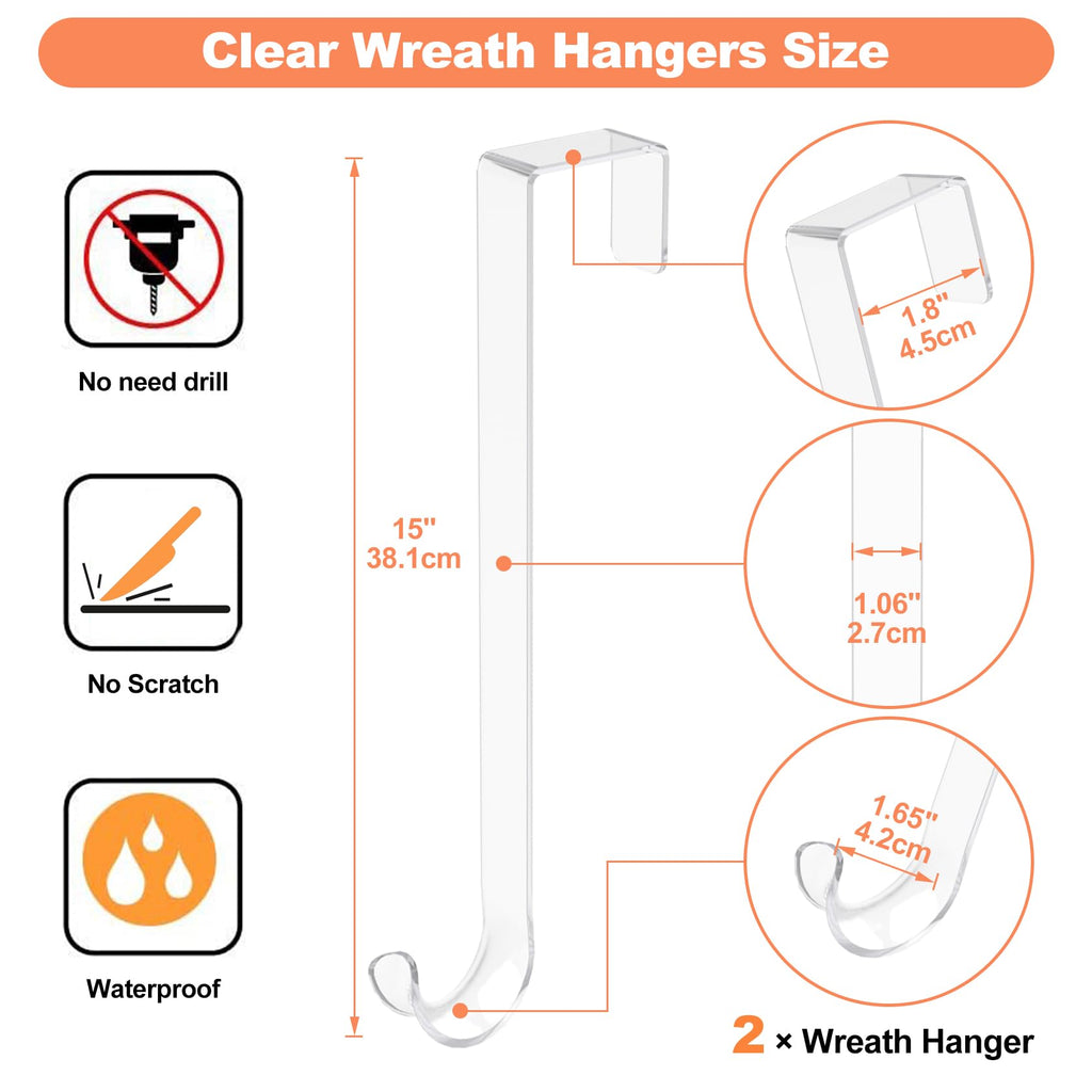 15' Clear Wreath-Hanger Non Scratch Over The Door Hooks,2 Pack Wreath-Door-Hanger Easter Halloween Christmas Decoration,Welcome