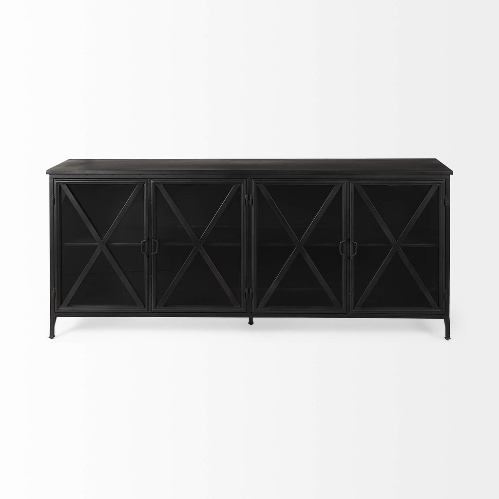 HomeRoots Metal, Glass Black Solid Metallic Bronze Finish Sideboard with 4 Glass Cabinet Doors
