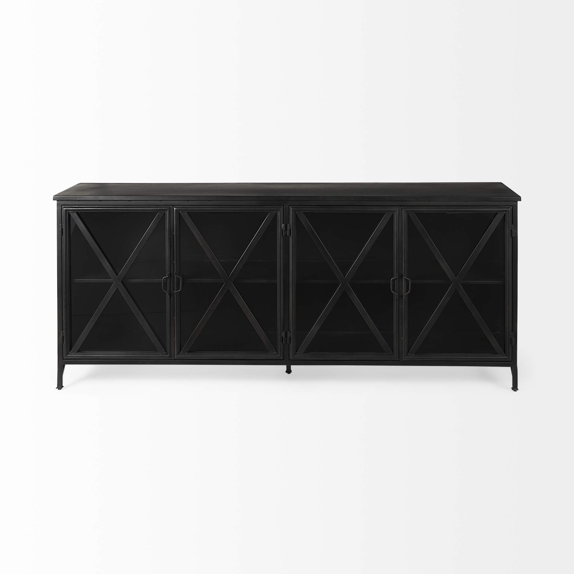 HomeRoots Metal, Glass Black Solid Metallic Bronze Finish Sideboard with 4 Glass Cabinet Doors