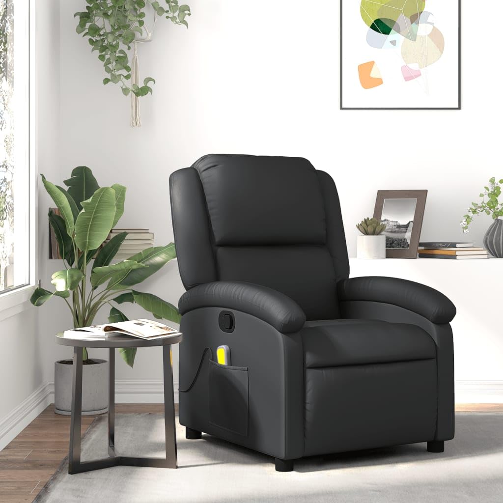 vidaXL Manual Recliner Chair for Living Room, Adjustable Recliner with Padded Seat & Backrest, Home Theater Seating with Side Pocket, Black Real Leather