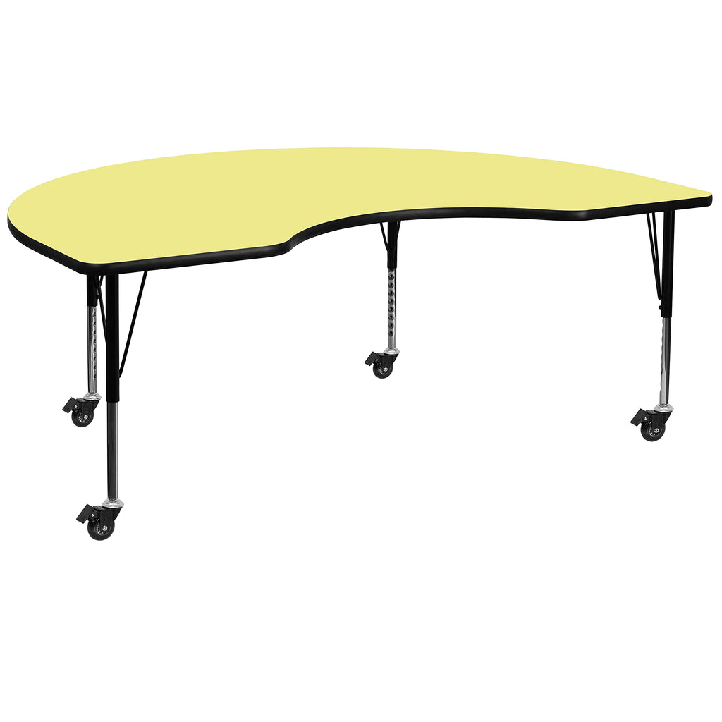 Flash Furniture Wren Mobile 48''W X 96''L Kidney Yellow Thermal Laminate Activity Table - Height Adjustable Short Legs