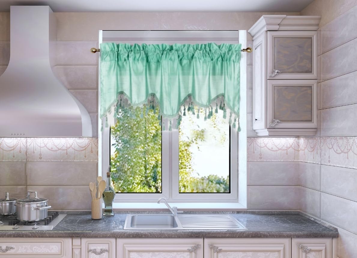 Solid Faux Silk Swag Waterfall Cascade Ascot Window Curtain Valance W/Tassels Trim 55' X18' Wave (1, Mint Green)
