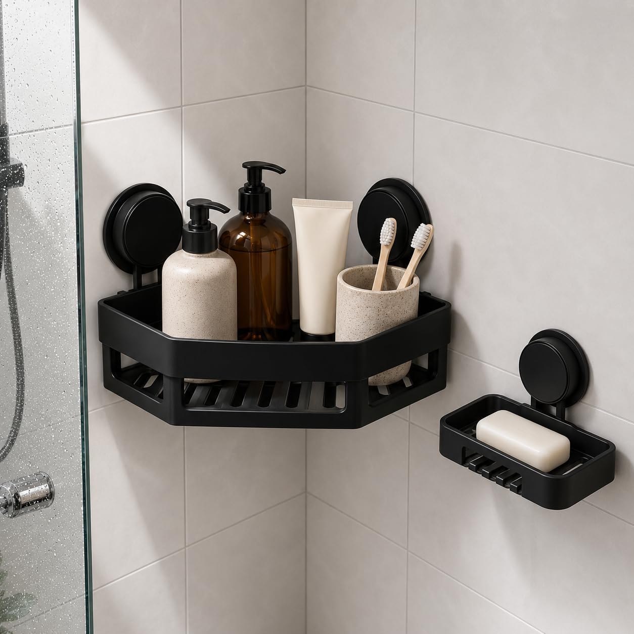 Uobicoz Black Suction Corner Shelf With Soap Dish, No Drilling