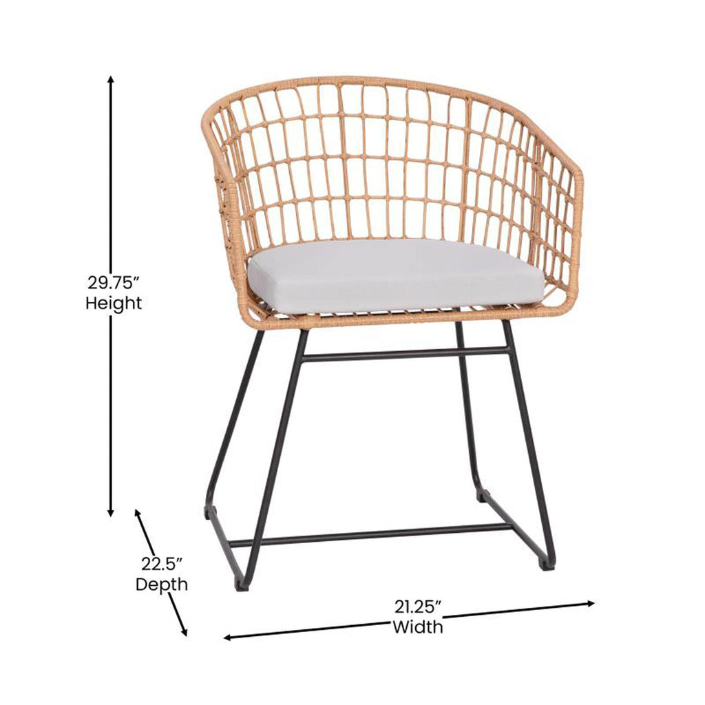 Flash Furniture Natural Finish Rattan Rope Chairs Side Table with Acacia Wood Top-Seat Cushions-All-Weather, 3 Pack, Light Gray