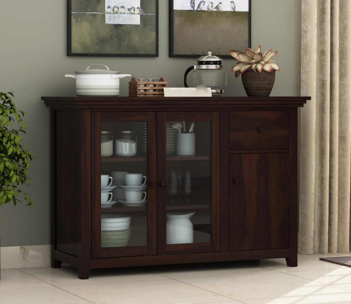 Alaterre Home Furniture Solid Sheesham Wood Sideboard Cabinet With Acrylic Glass Doors & Storage Drawer | Multipurpose Storage U
