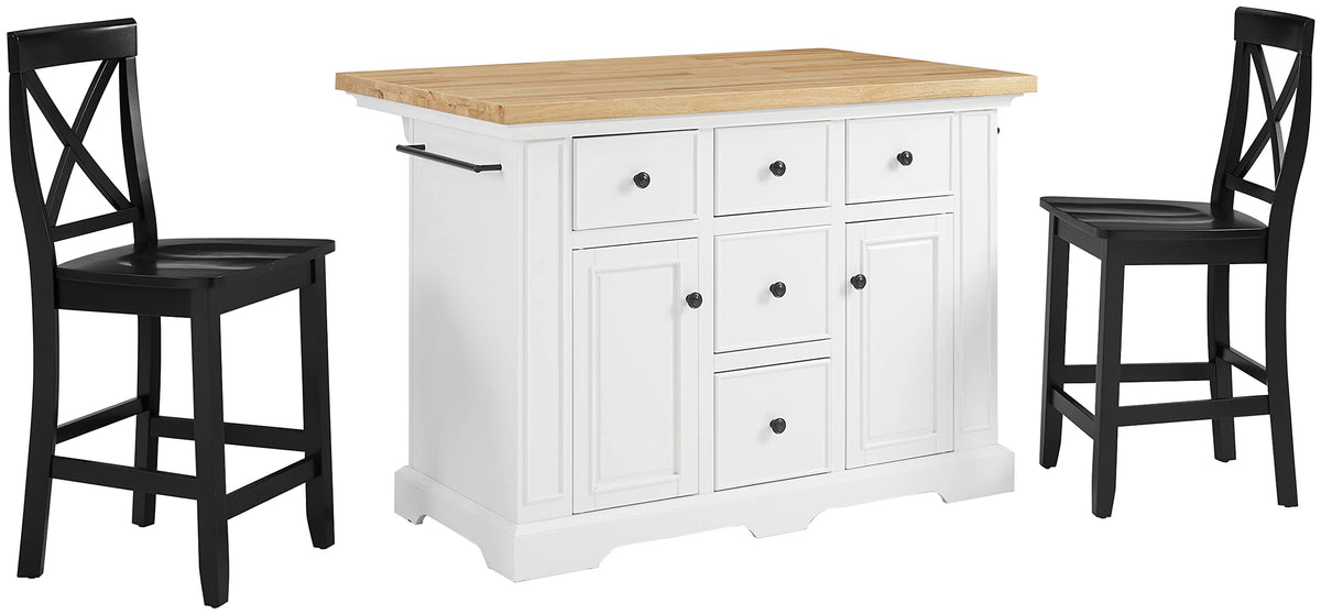 Crosley Furniture Julia Wood Top Island with Storage, Coffee Bar, and a Set of 2 X-Back Stools, White/Black