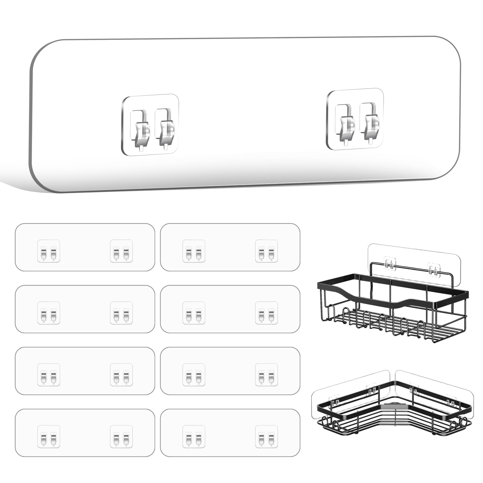 FGSAEOR 9-Pack Shower Caddy Adhesive Replacement, Transparent Adhesive Hooks Stickers, Strong Hook Strip for Shower Caddy Basket