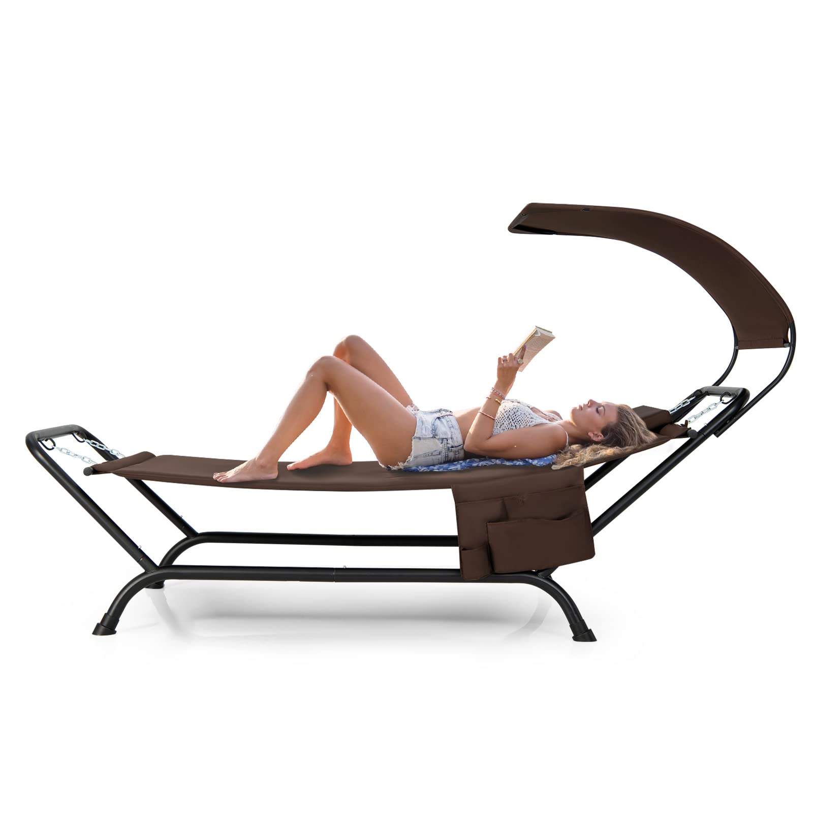 Tangkula Hammock With Stand Included, Heavy Duty Outdoor Hammock With Adjustable Canopy, Rustproof Metal Stand, Pillow, Storage