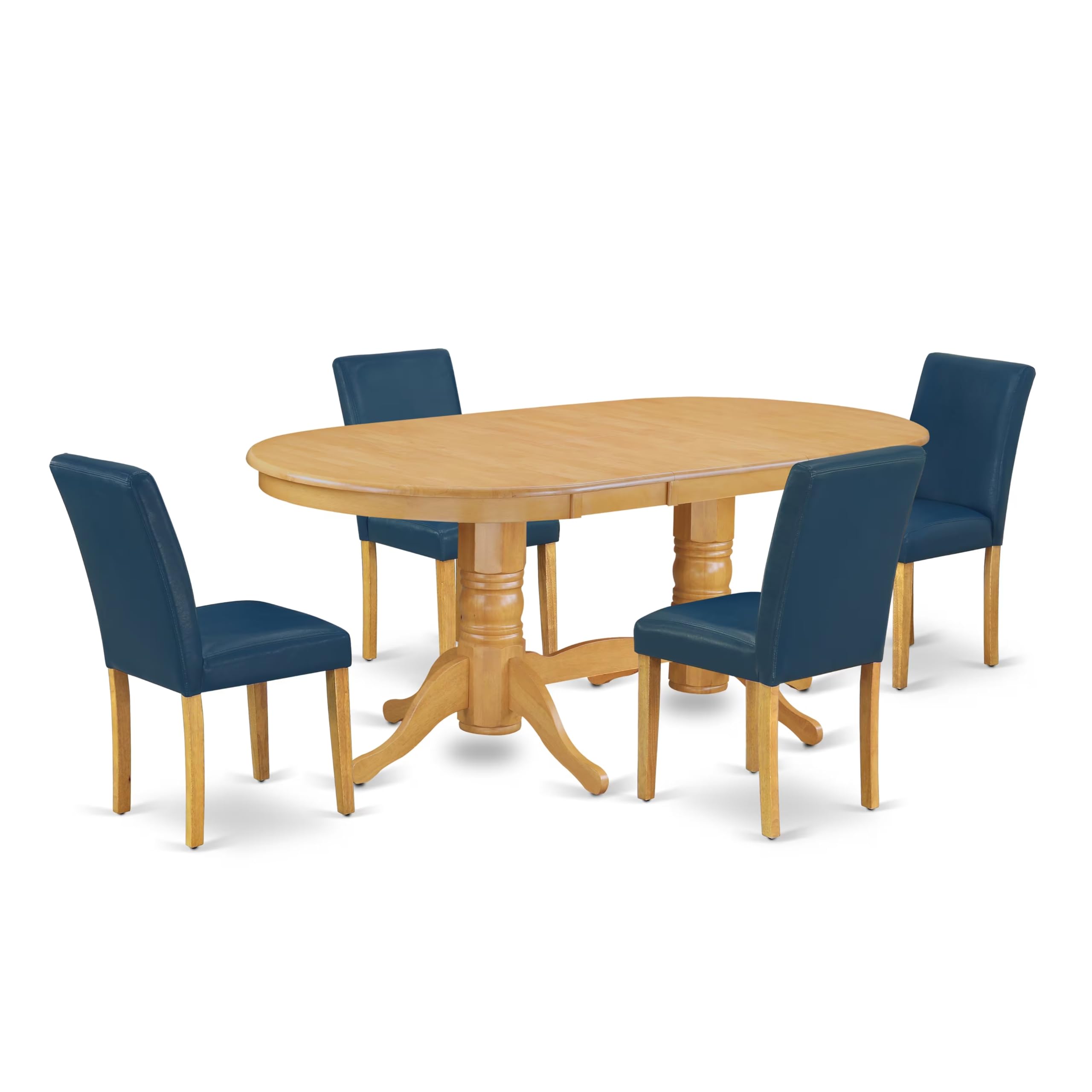 East West Furniture Vaab5-Oak-55 5 Piece Dining Table Set Includes An Oval Dining Room Table With Butterfly Leaf And 4 Oasis Blue Faux Leather Parsons Chairs, 40X76 Inch, Oak
