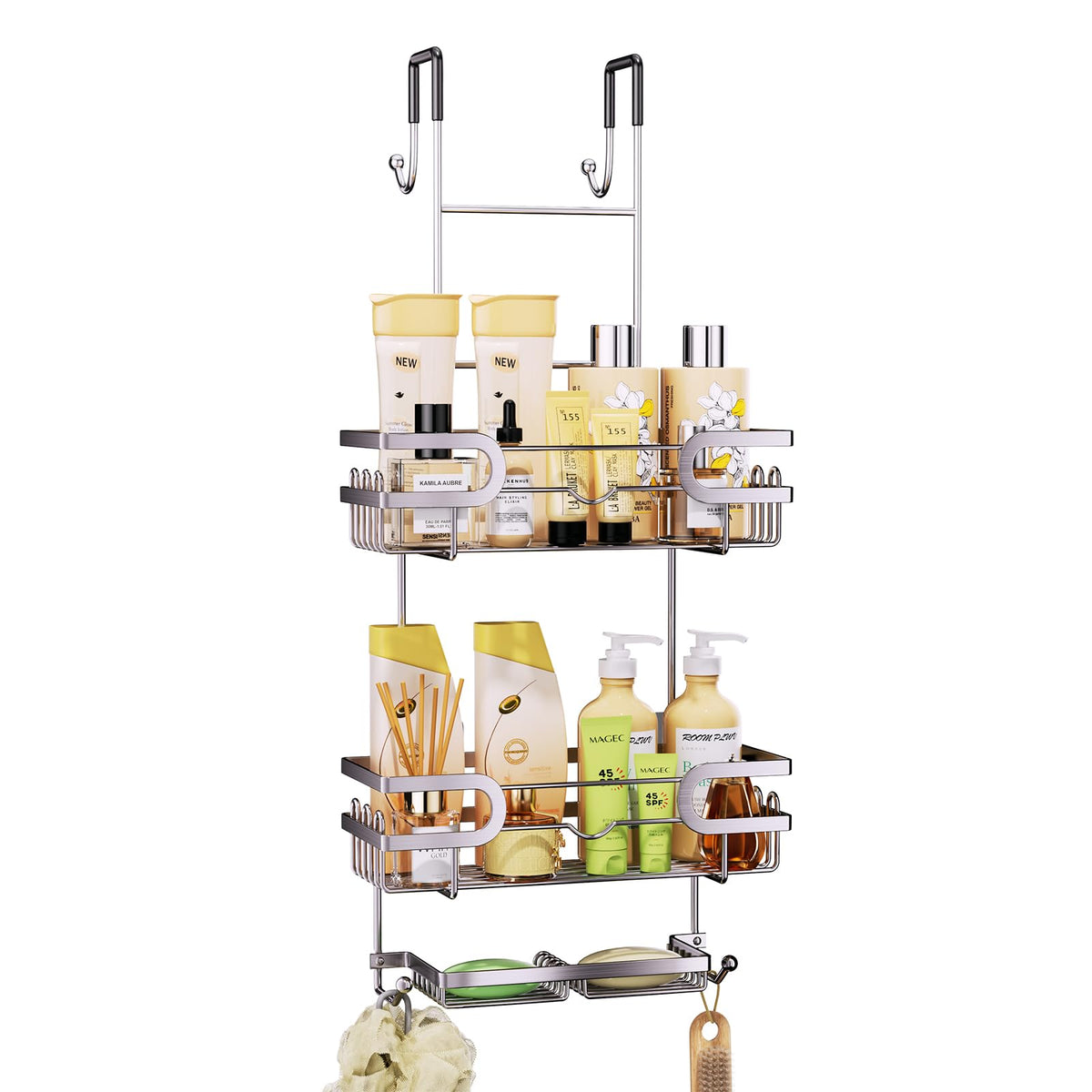 SWTYMIKI Over The Door Shower Caddy - Stainless Steel Hanging Shower Organizer With Double Soap Holder & 16 Hooks No Drilling Ha