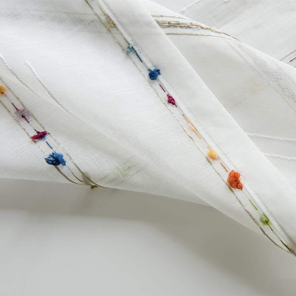 pureaqu Faux Linen Stripe Pattern Sheer Curtains for Bedroom/Kids Room Embroidered Colorful Rainbow Semi Sheer Voile Window Curt